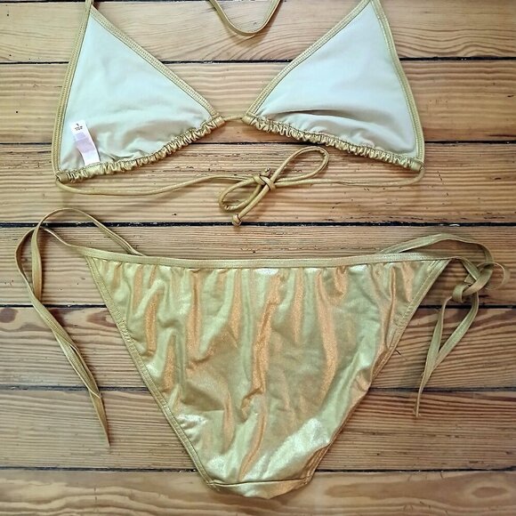Victoria's Secret  Vintage Y2K Gold Lame' Triangle String Bikini SzL - Picture 2 of 7